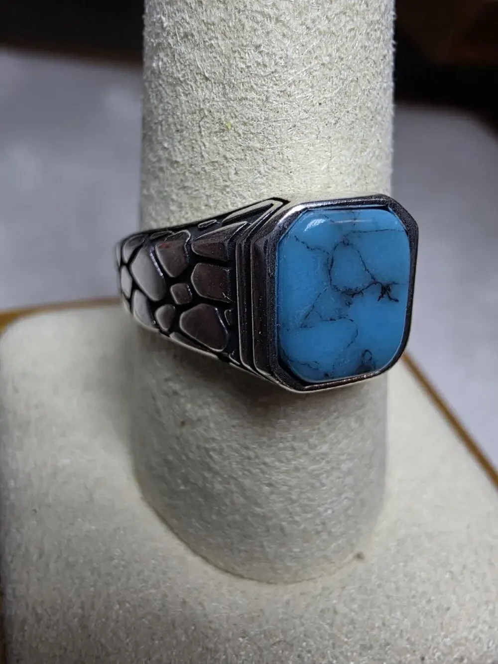 S10 Natural Turquoise Signet Engraved Ring 925 Sterling Silver